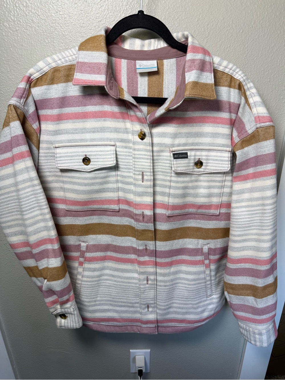 Columbia Women’s Striped Fleece Shirt Jacket Shacket Pink Tan Gray Size M